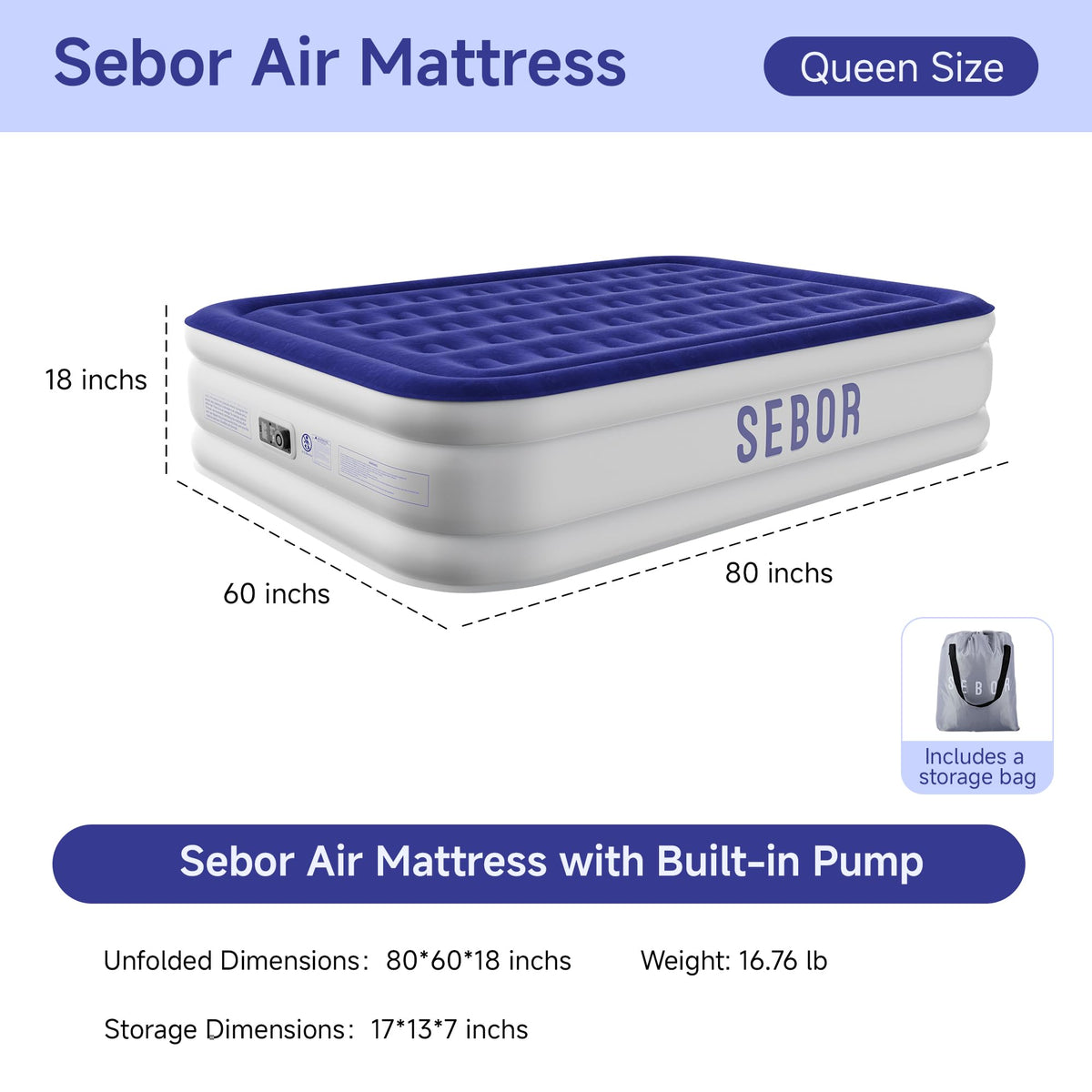 Sebor air mattress queen durable PVC construction for long-lasting use