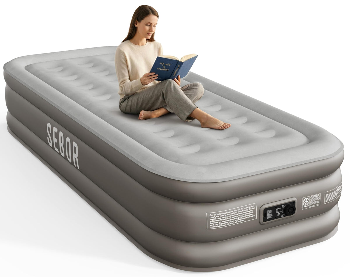 Sebor air mattress twin with built-in pump ready for quick guest setup.