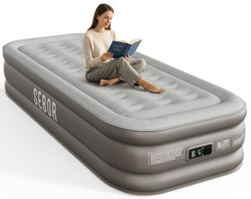 Sebor air mattress twin with built-in pump ready for quick guest setup.