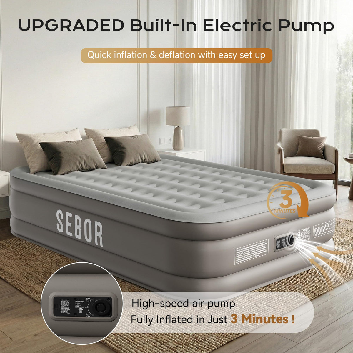 Sebor air mattress non-slip bottom provides stable sleep surface.