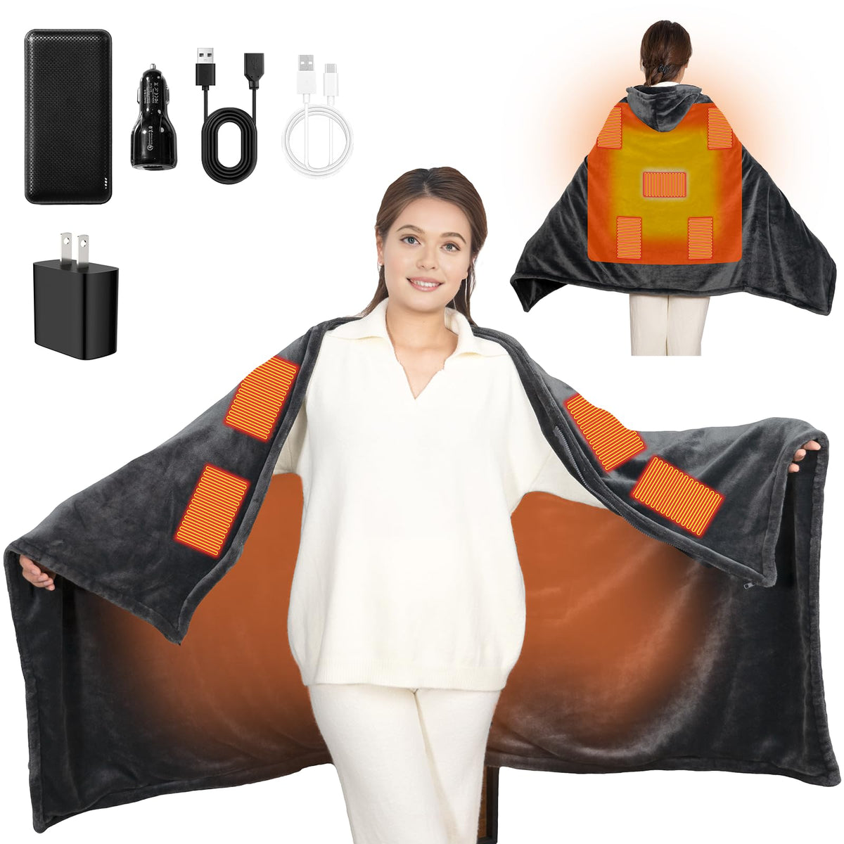 Secluded Valley cordless heated blanket with hood offers versatile warmth on chilly outings.