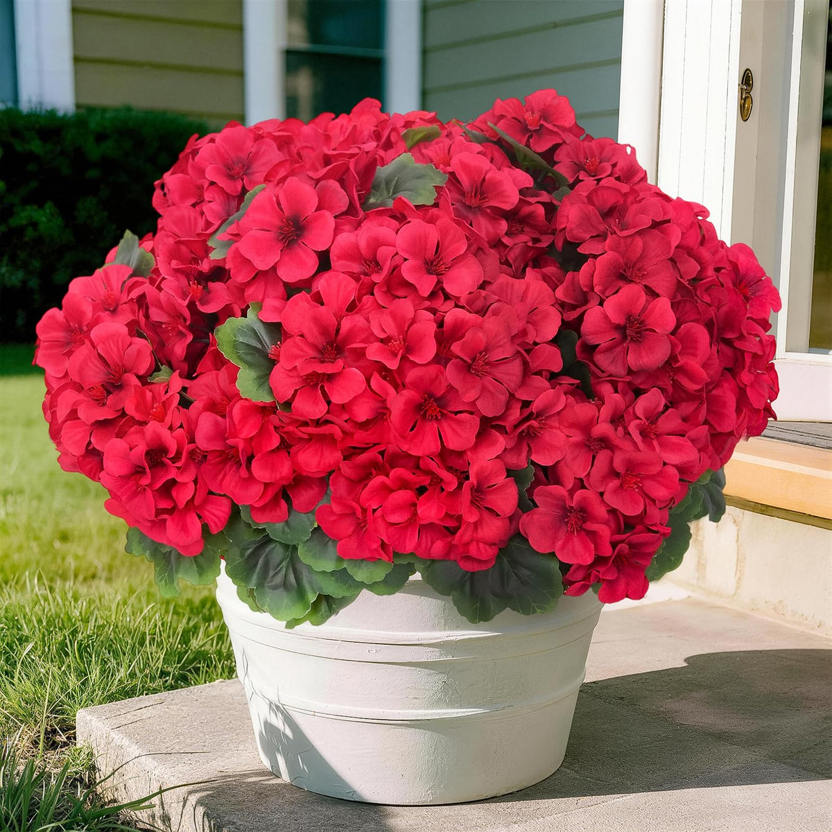 Secqous 8-pack artificial geraniums for outdoor decor, vibrant red color