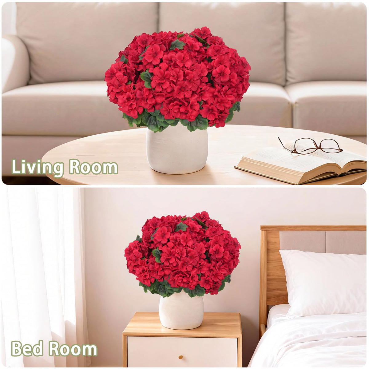 Secqous geraniums as outdoor table centerpieces, red hue
