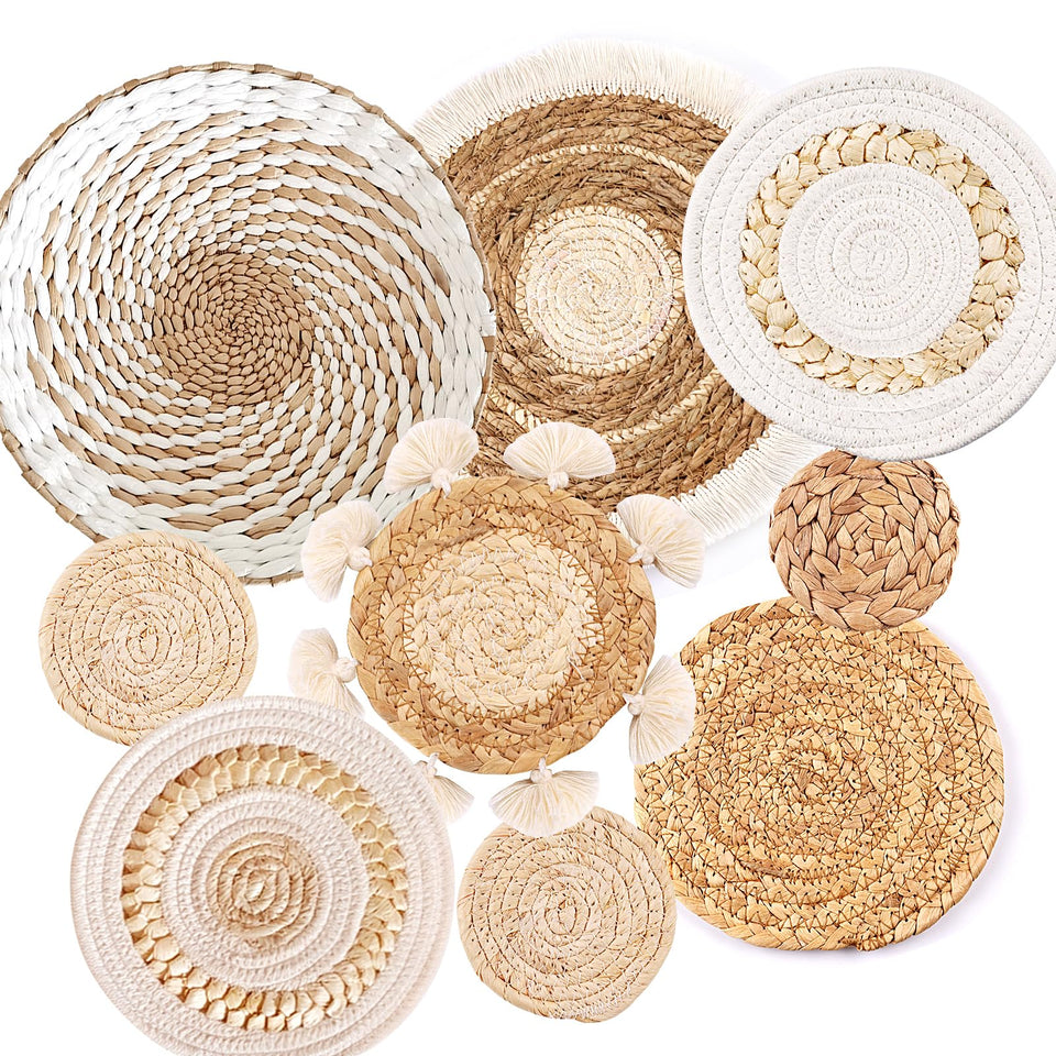 See Seattle 9-pack boho wall baskets displayed on wall for natural texture.
