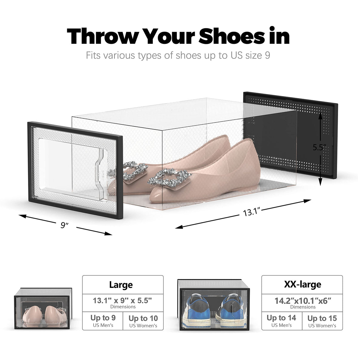 SEE SPRING shoe storage box dimensions 13.1 by 9 by 5.5 inches fit most shoes.