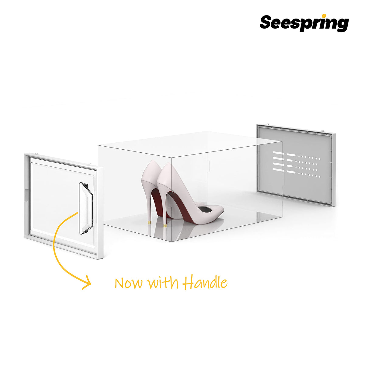 Stackable SEE SPRING boxes maximize closet space and organize shoes.