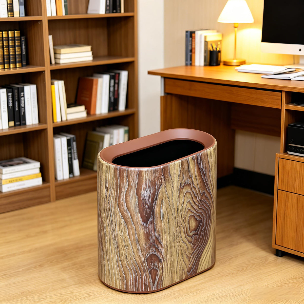 Seebemxx trash can with bathroom plastic wood pattern, 3.7 gal, ideal for compact spaces.