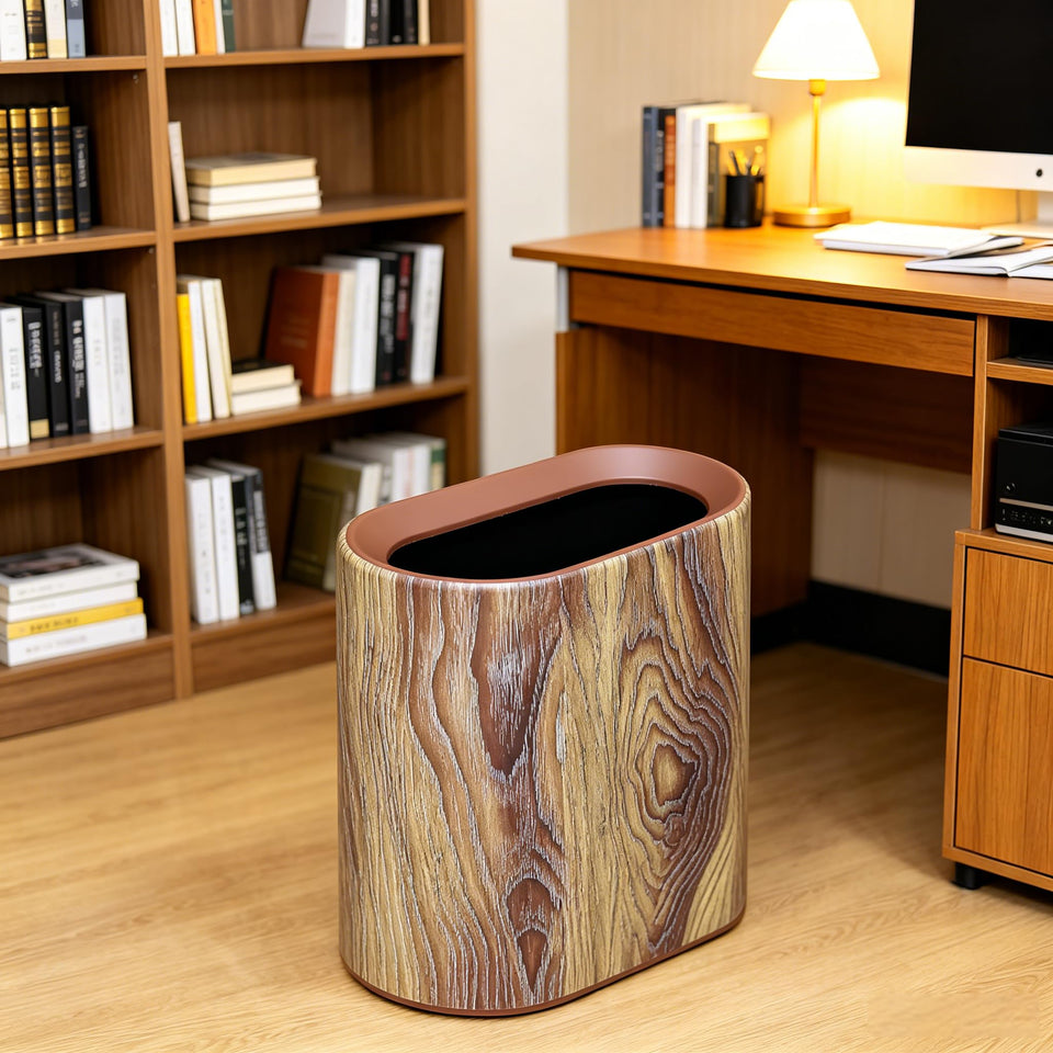 Seebemxx trash can with bathroom plastic wood pattern, 3.7 gal, ideal for compact spaces.