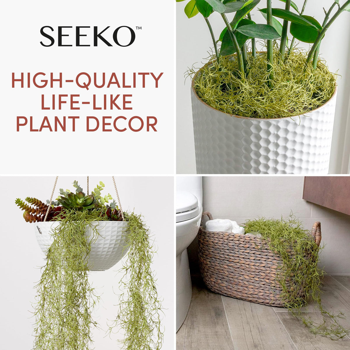 SEEKO Spanish moss 6-pack draped over planter highlights easy shaping and versatile styling.