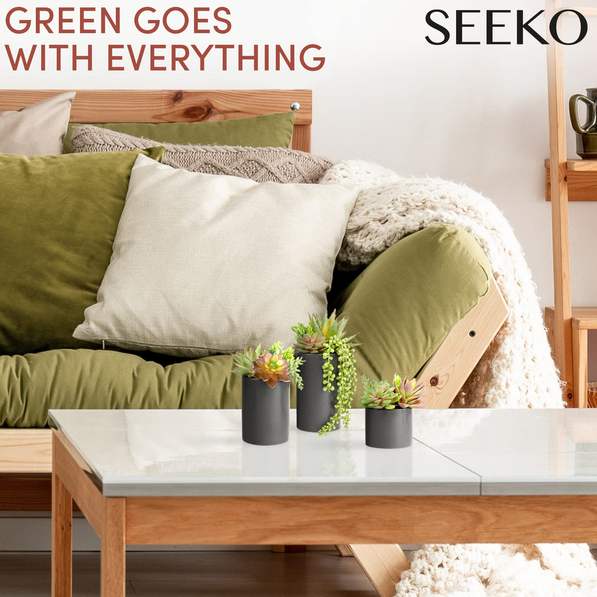 SEEKO Succulents trio in ceramic pots for bathroom vanity decor.