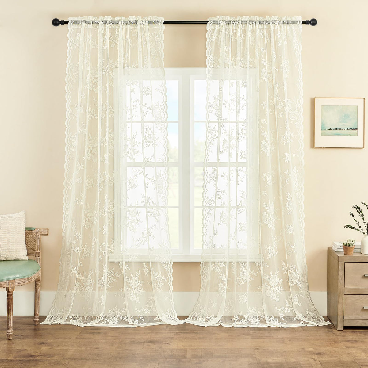 SEEKRIGHT 84-inch ivory panels filter sunlight while maintaining daytime brightness.