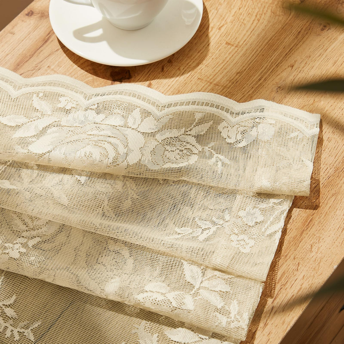 SeekRight beige lace curtains ideal for dining rooms and living spaces.