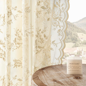 SeekRight beige lace curtains with floral pattern filter light while enhancing living room ambiance.