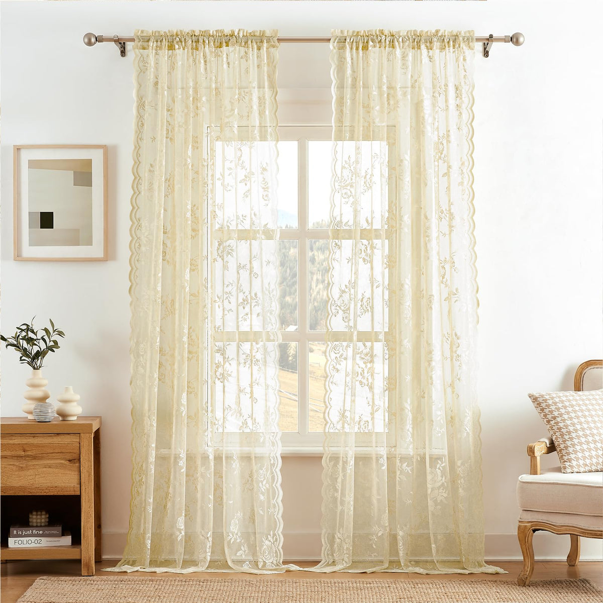 SeekRight beige lace curtains with rod-pocket top design for easy hanging.