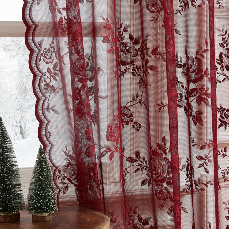 SEEKRIGHT Burgundy lace curtains with 84-inch length and two panels, softly filtering sunlight and privacy.