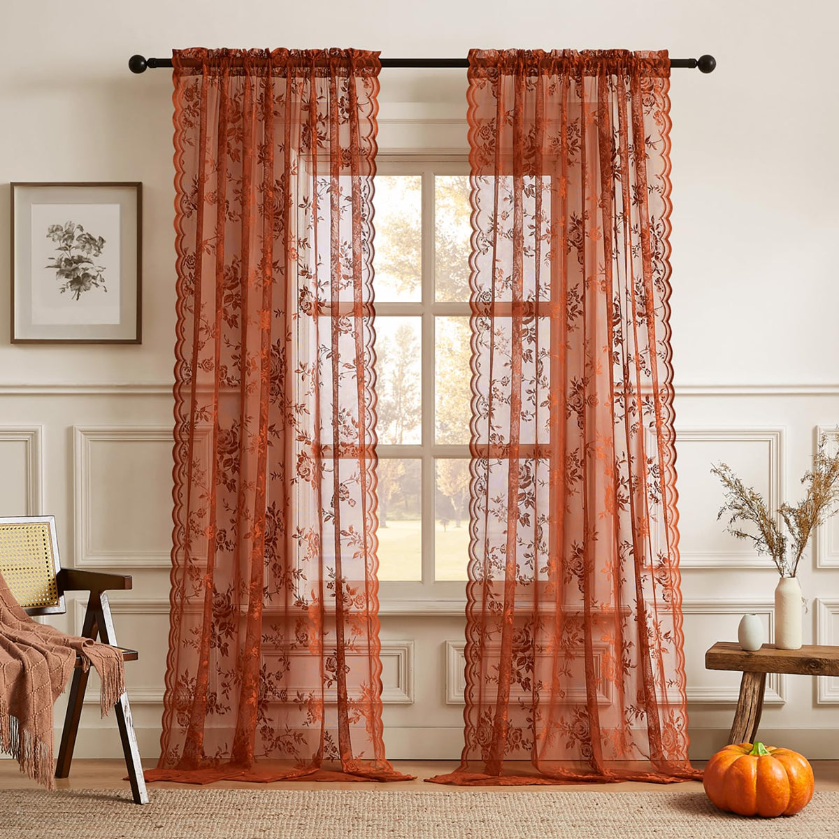 SEEKRIGHT Terracotta lace curtains, 84in long, soft drape and subtle color.
