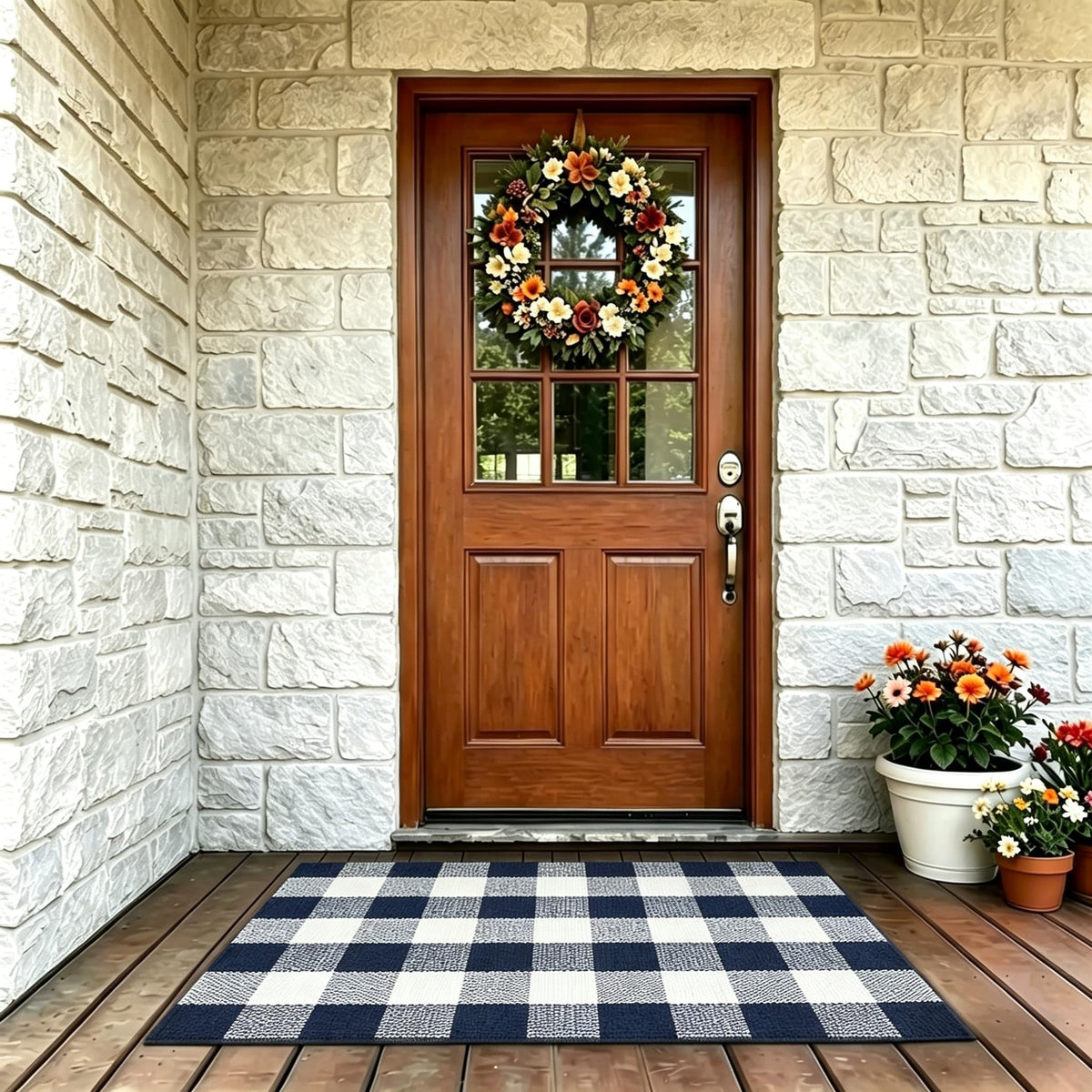 SEEKSEE Buffalo Plaid outdoor rug layered with a coir mat for a polished entry