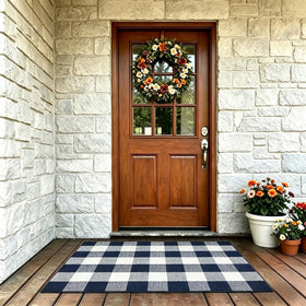 SEEKSEE Buffalo Plaid outdoor rug layered with a coir mat for a polished entry