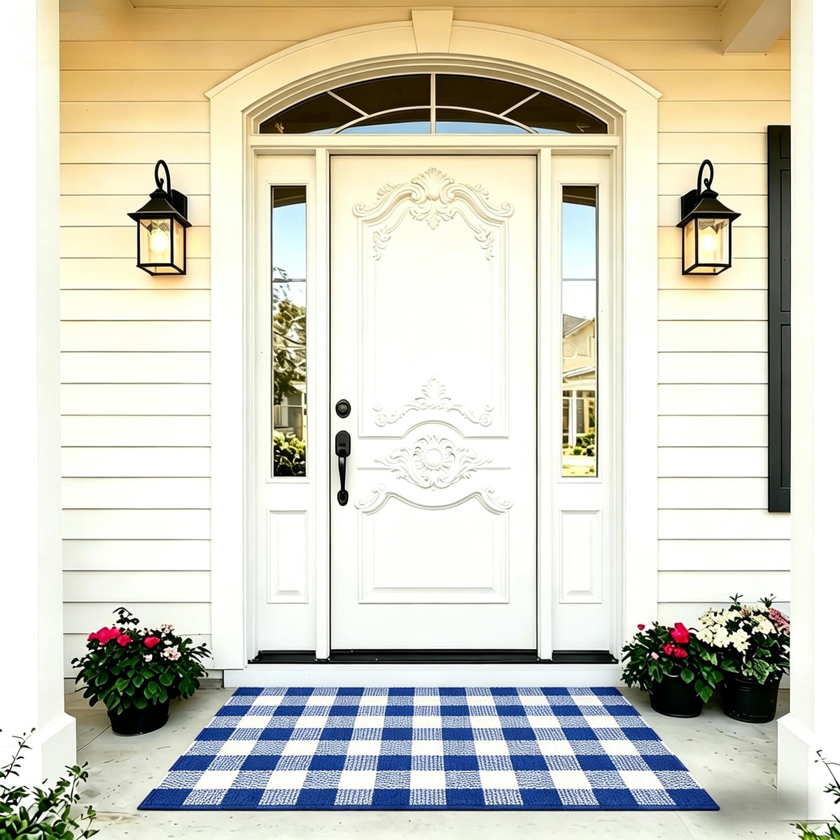 SEEKSEE buffalo plaid outdoor rug 3x5 front door mat enhances entryway style with durable layering option.