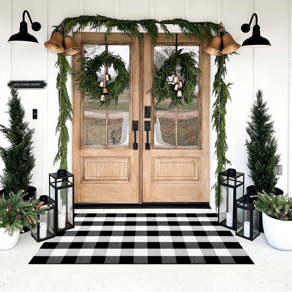 SEEKSEE buffalo plaid outdoor rug 3x5 on a porch adds year-round style.