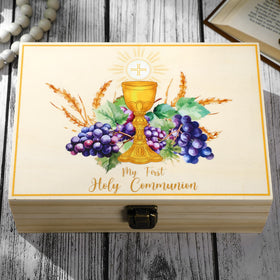 Seeloowy first communion wooden box with a hinged lid for lasting keepsakes.