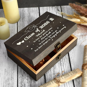 Seeloowy graduation box displays engraved text for a meaningful gift