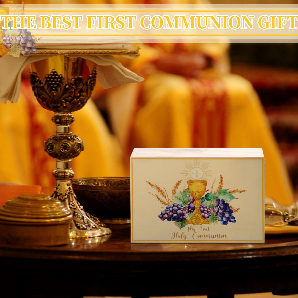Inscribed First Holy Communion on Seeloowy box for meaningful gifts.