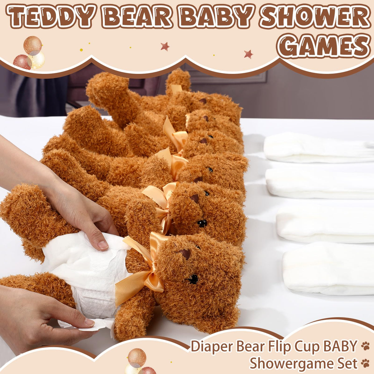 Seenelling white diapers and organza bags on display, prize-ready setup