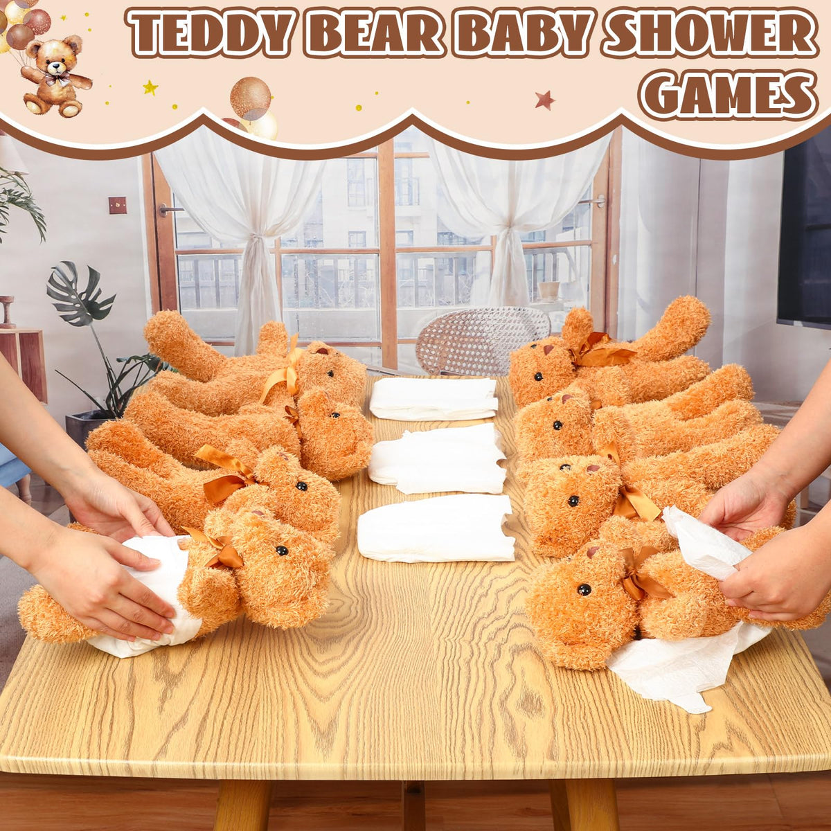 Seenelling white disposable diapers neatly stacked for the diaper changing challenge