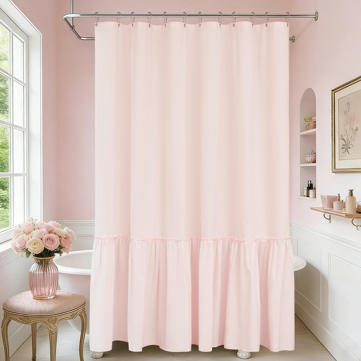Seenus Baby Pink Ruffle Curtain adds romantic ruche for a cozy bathroom vibe.