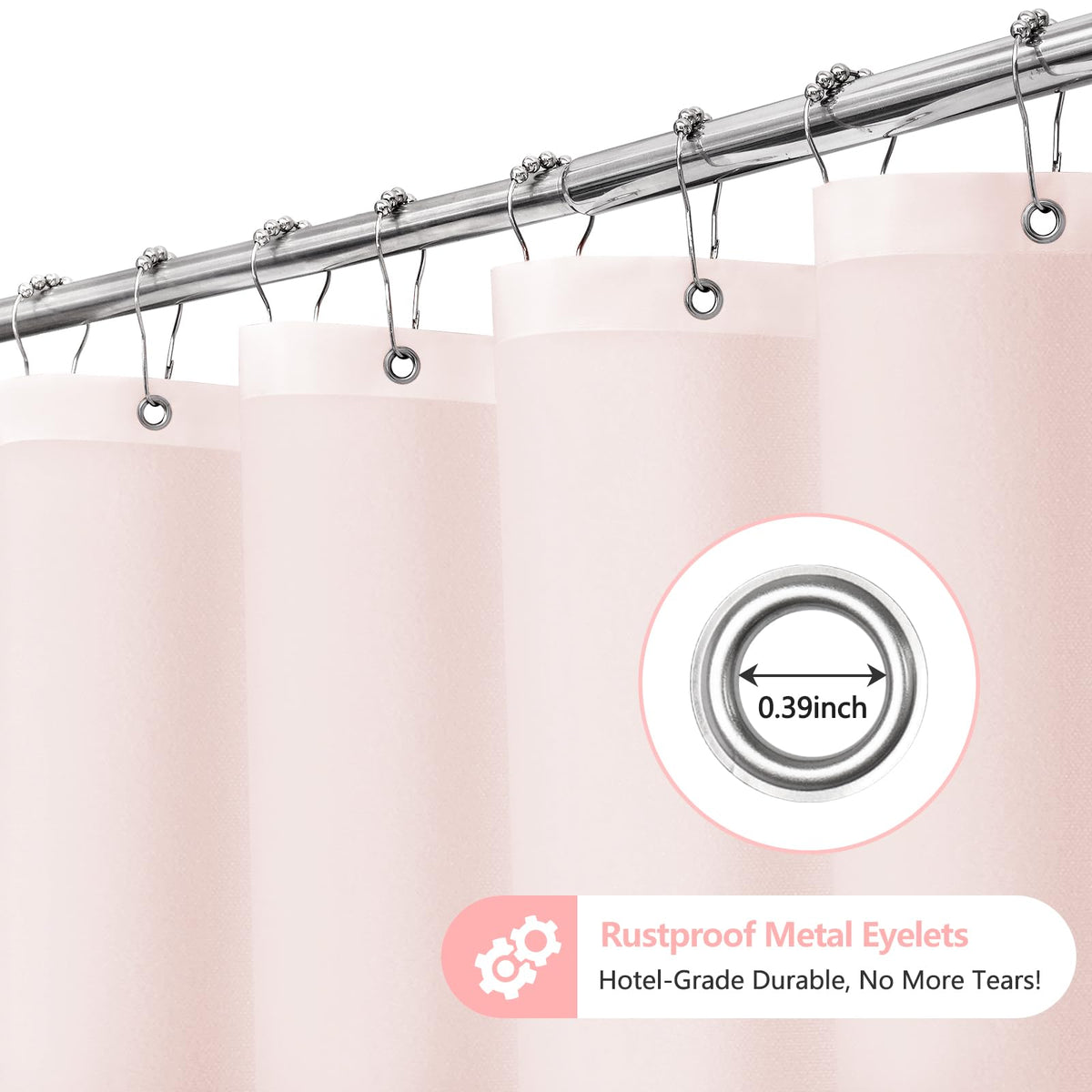 Seenus Baby Pink Ruffle Shower Curtain fits standard 72x72 baths and stalls.