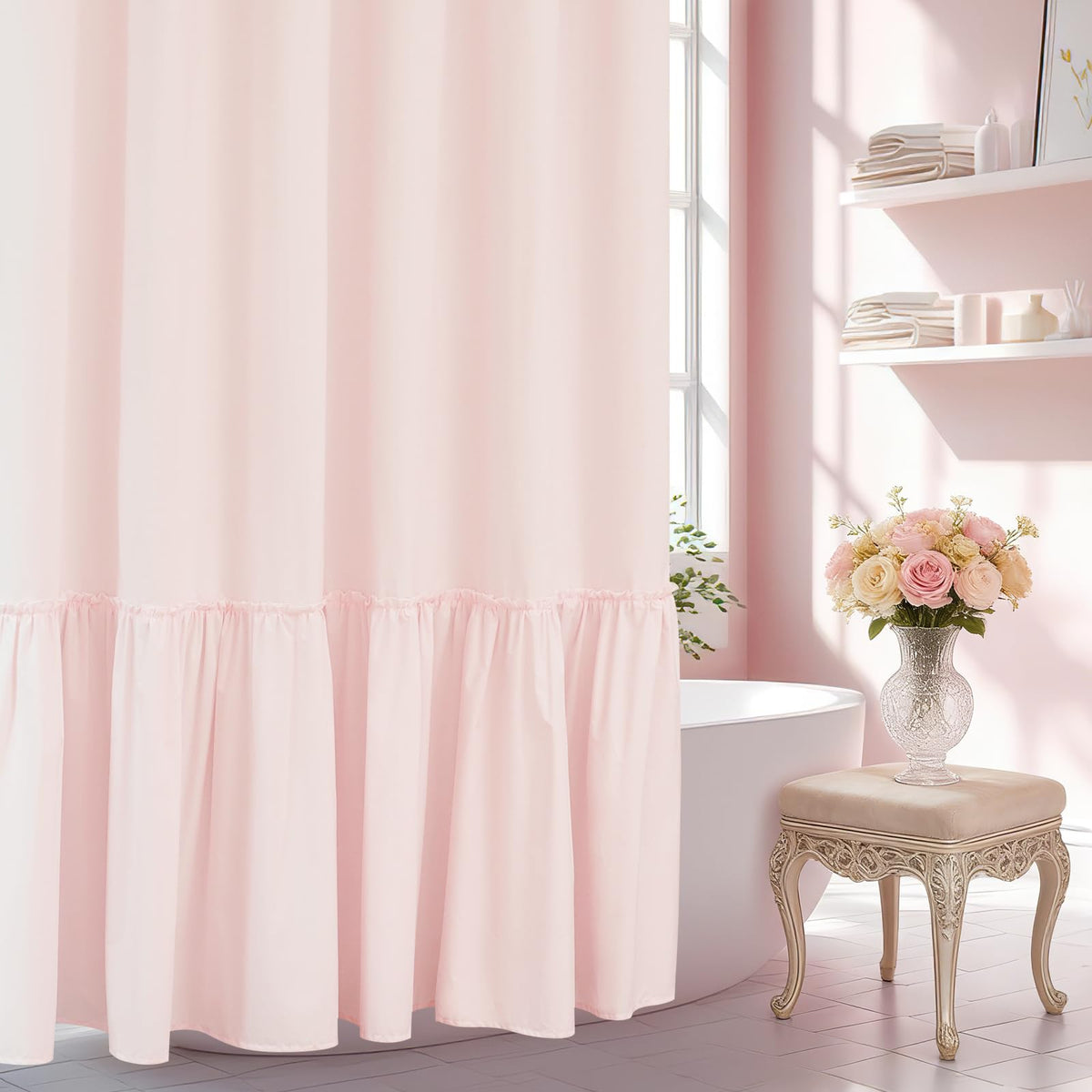 Seenus Baby Pink Ruffle Shower Curtain with soft microfiber texture for a gentle shower experience.