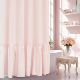 Seenus Baby Pink Ruffle Shower Curtain with soft microfiber texture for a gentle shower experience.