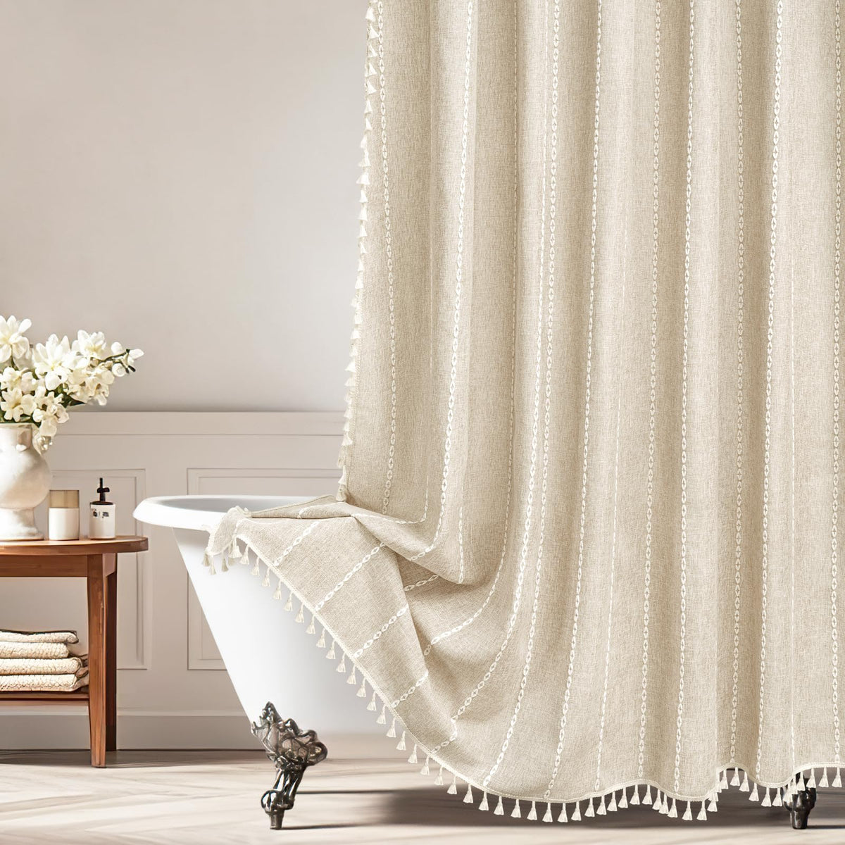Seenus boho farmhouse linen shower curtain with tassels adds cozy texture