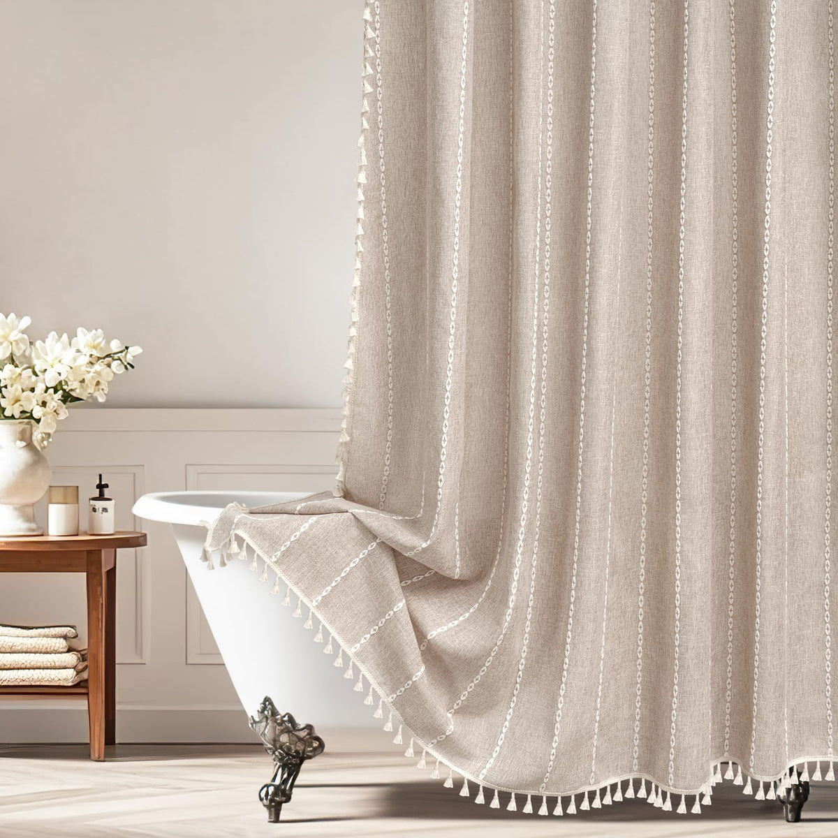 Seenus heavyweight linen-blend curtain adds spa-like texture to bathroom