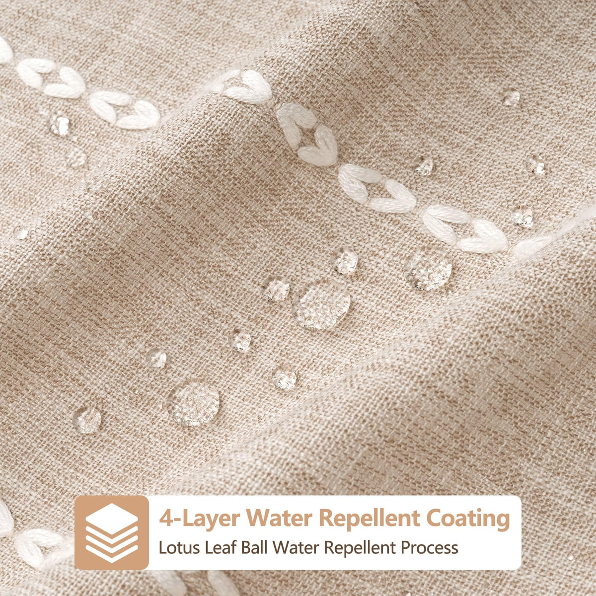 Seenus curtain with water-repellent finish resists moisture after showers