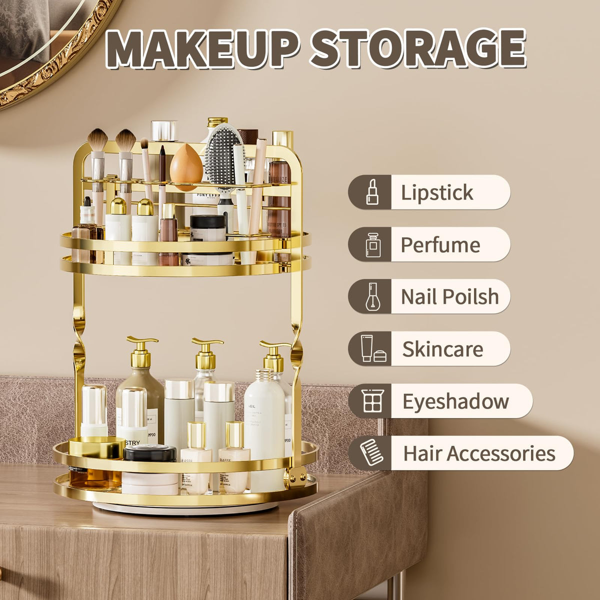 SEENWUUN makeup brush storage rack stores brushes for quick routines.