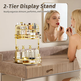 SEENWUUN gold two-tier shelf keeps perfumes neatly displayed.