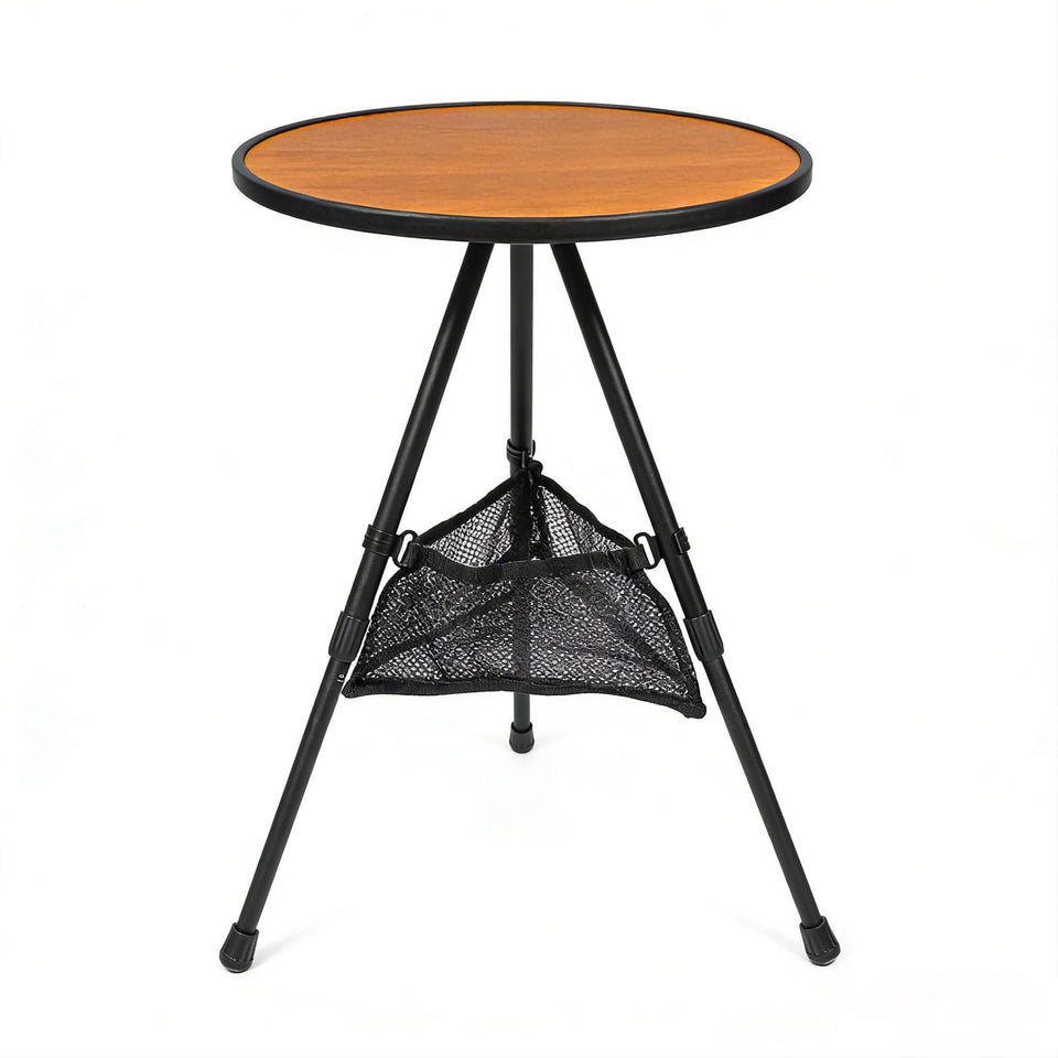 Sefulei round brown folding table, ideal for couch-side snacks.