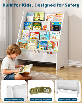 SEIRIONE face-forward rack keeps covers visible, helping kids find favorites quickly.