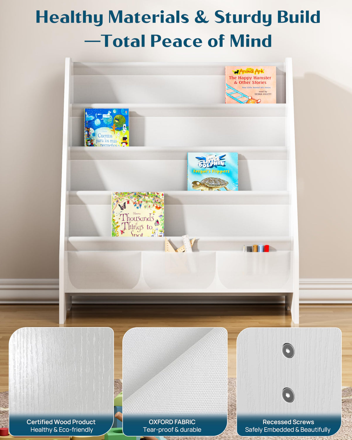 SEIRIONE kid-height design enables independent book selection and re-shelving with ease.