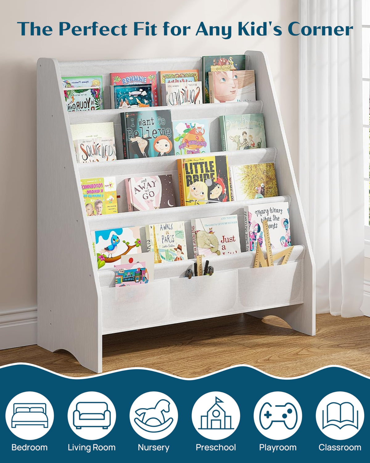 SEIRIONE matte white bookshelf fits modern nurseries and playrooms with style.