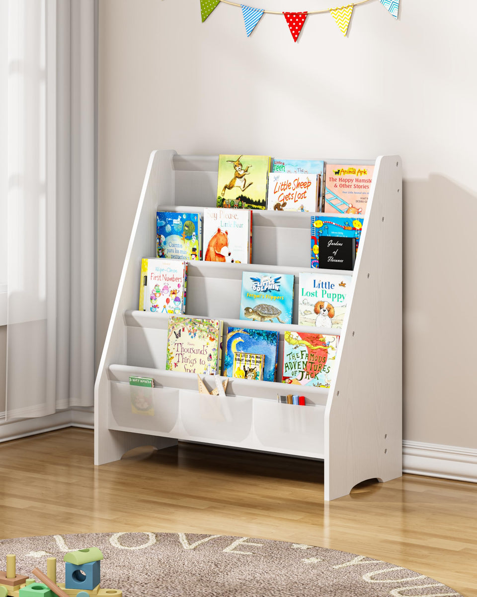 SEIRIONE sturdy kids bookshelf 4-tier keeps books organized and reachable for toddlers, promoting independent reading.