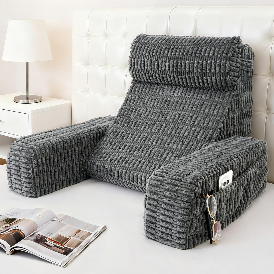 Selectico 19-inch reading pillow with angled backrest provides ergonomic lumbar support for bed reading.