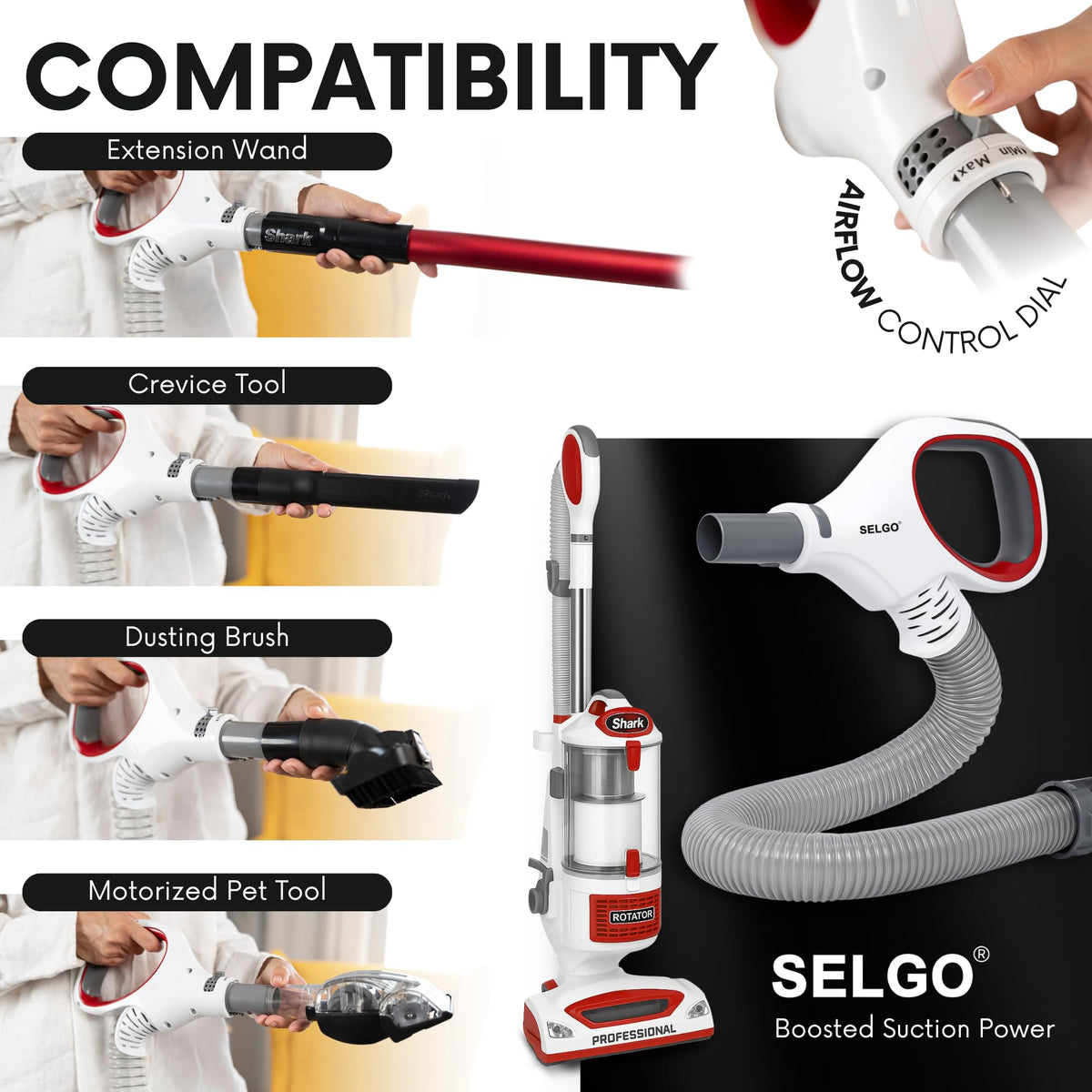 Selgo ergonomic handle reduces strain and helps prevent static during cleaning.