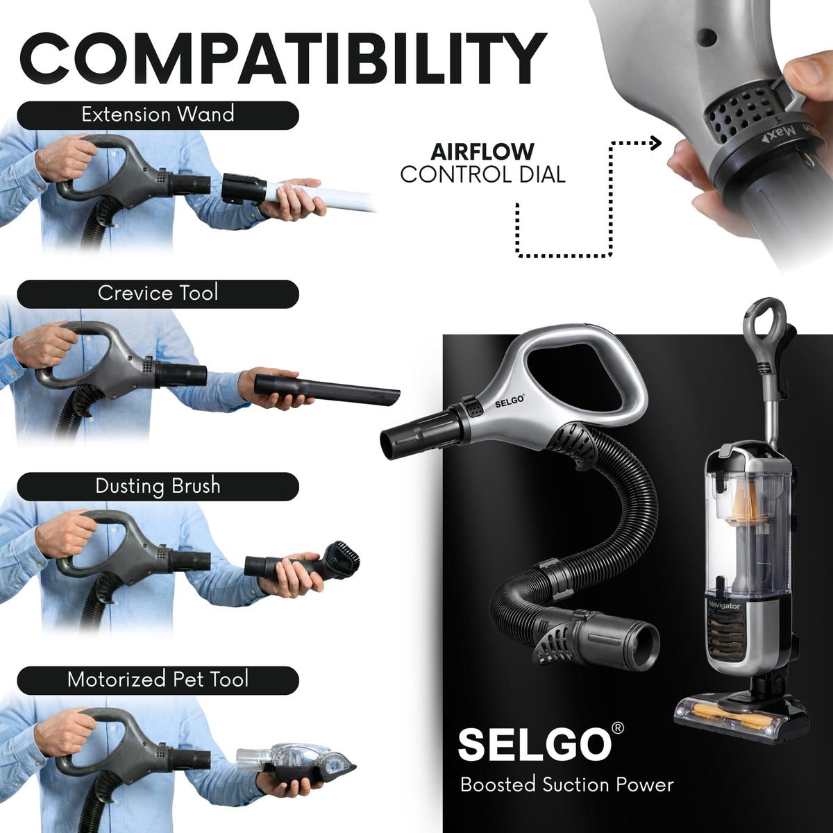 Selgo replacement hose handle provides secure grip for daily vacuuming.