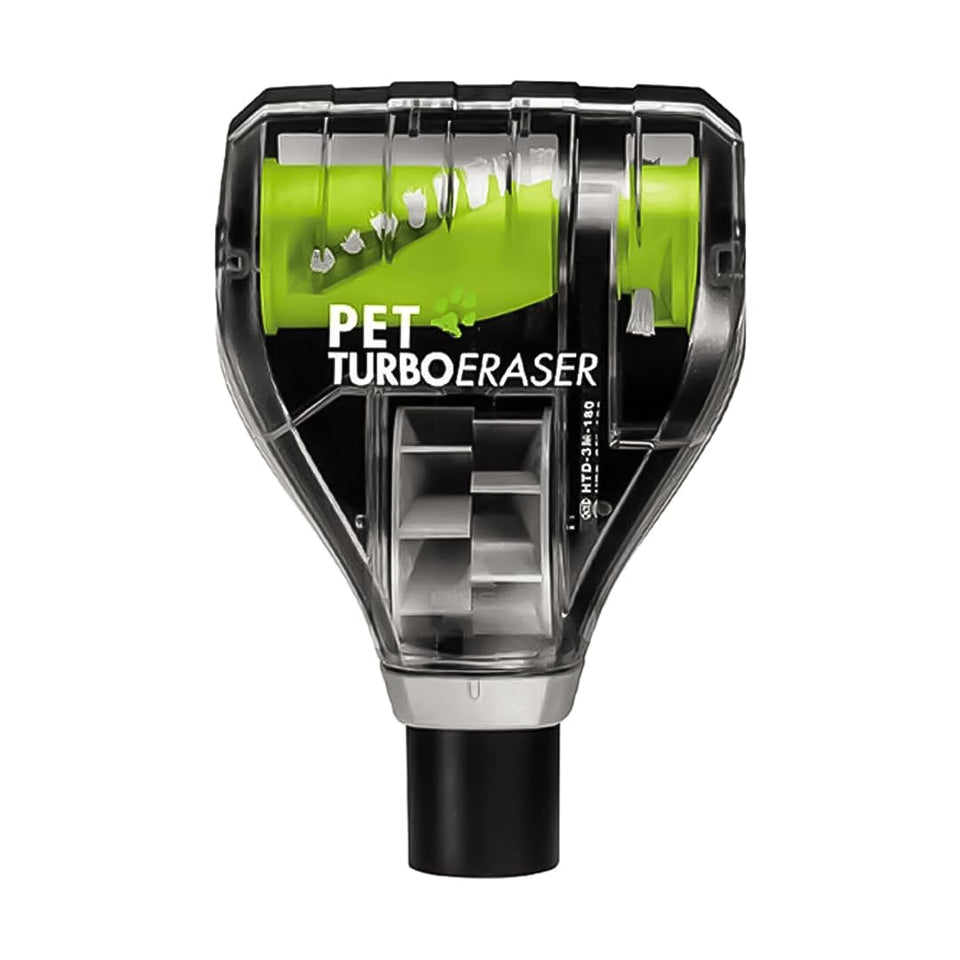 Selgo TurboEraser brush attachment on upholstery, removing pet hair with strong suction.