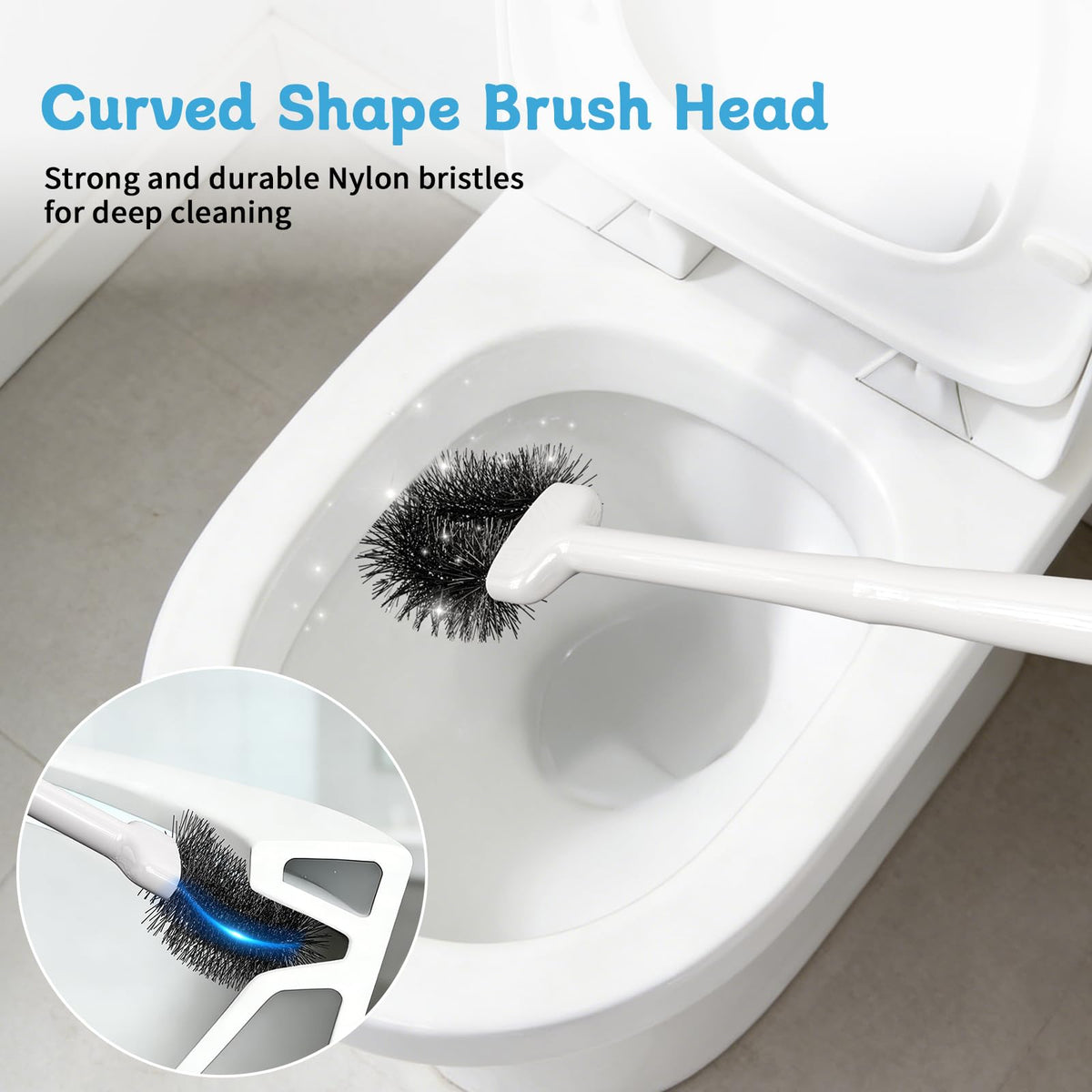 Sellemer curved brush head reaches under rim for deep cleaning.
