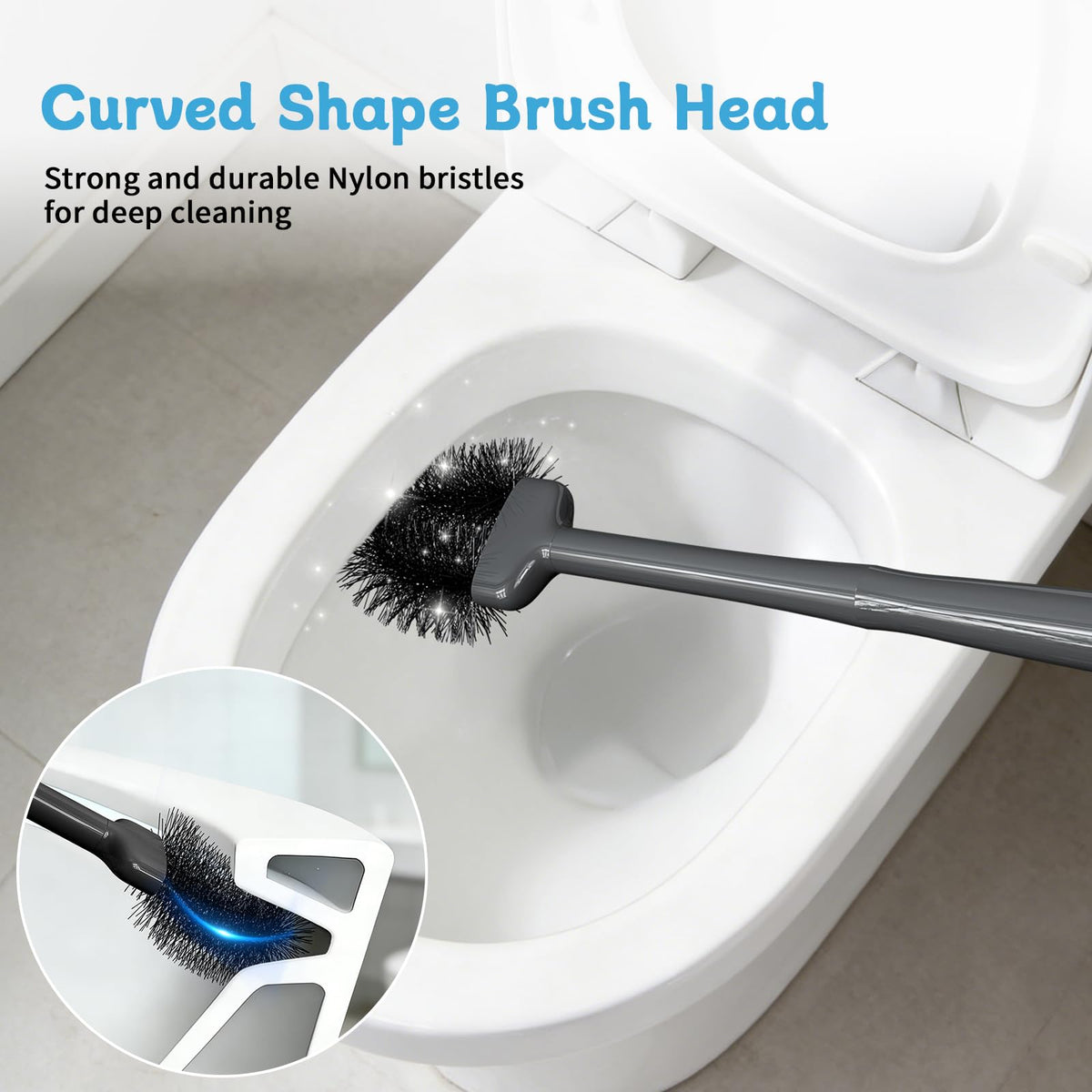 Sellemer curved brush head reaching under the rim for deep cleaning