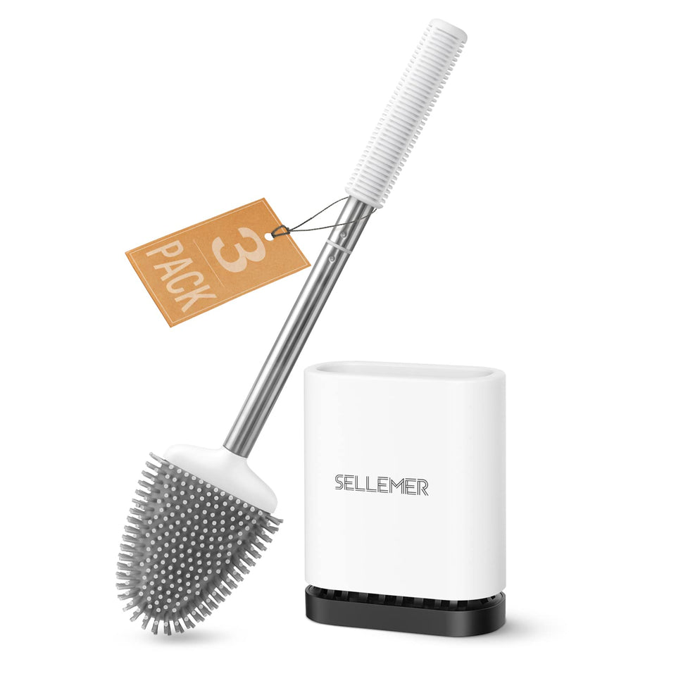 Sellemer toilet brush with flat silicone head bent to reach under the rim